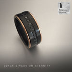 Black Zirconium Ring With Black Moissanite and Rose Gold Edges