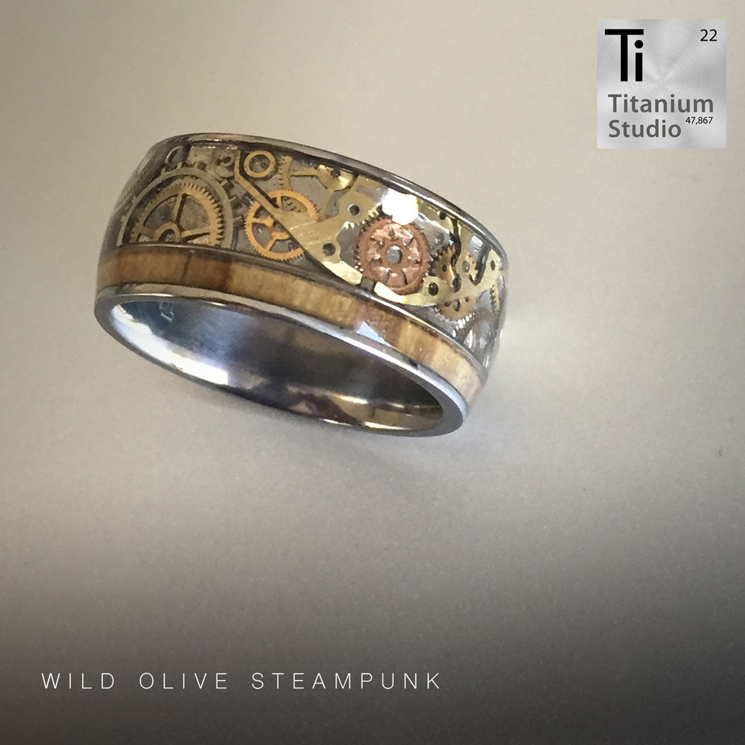 Steampunk Ring with single Wood Inlay