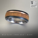Titanium Ring With Wood Telfon and Rose Gold Inlay