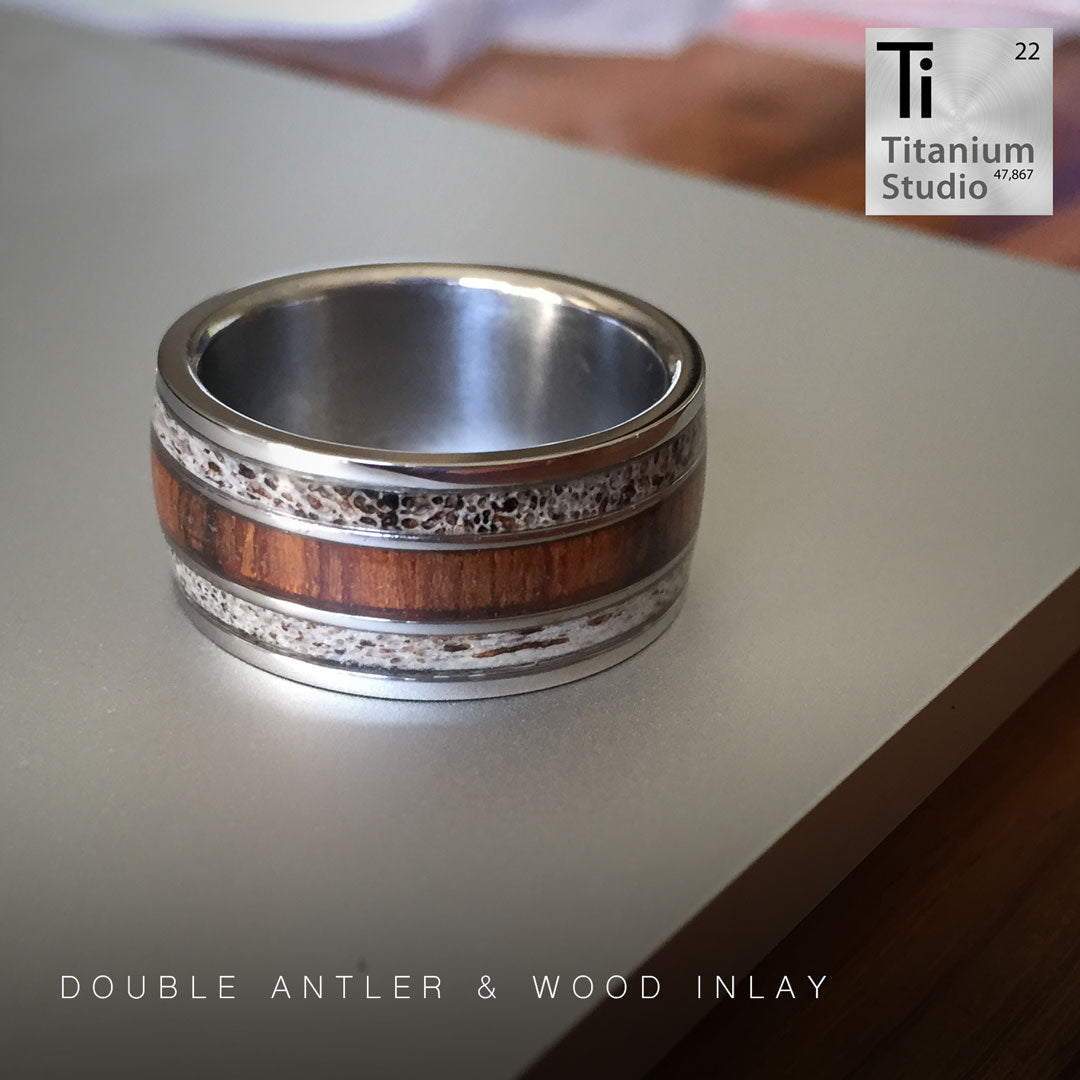 Double Antler and Wood Inlay Ring