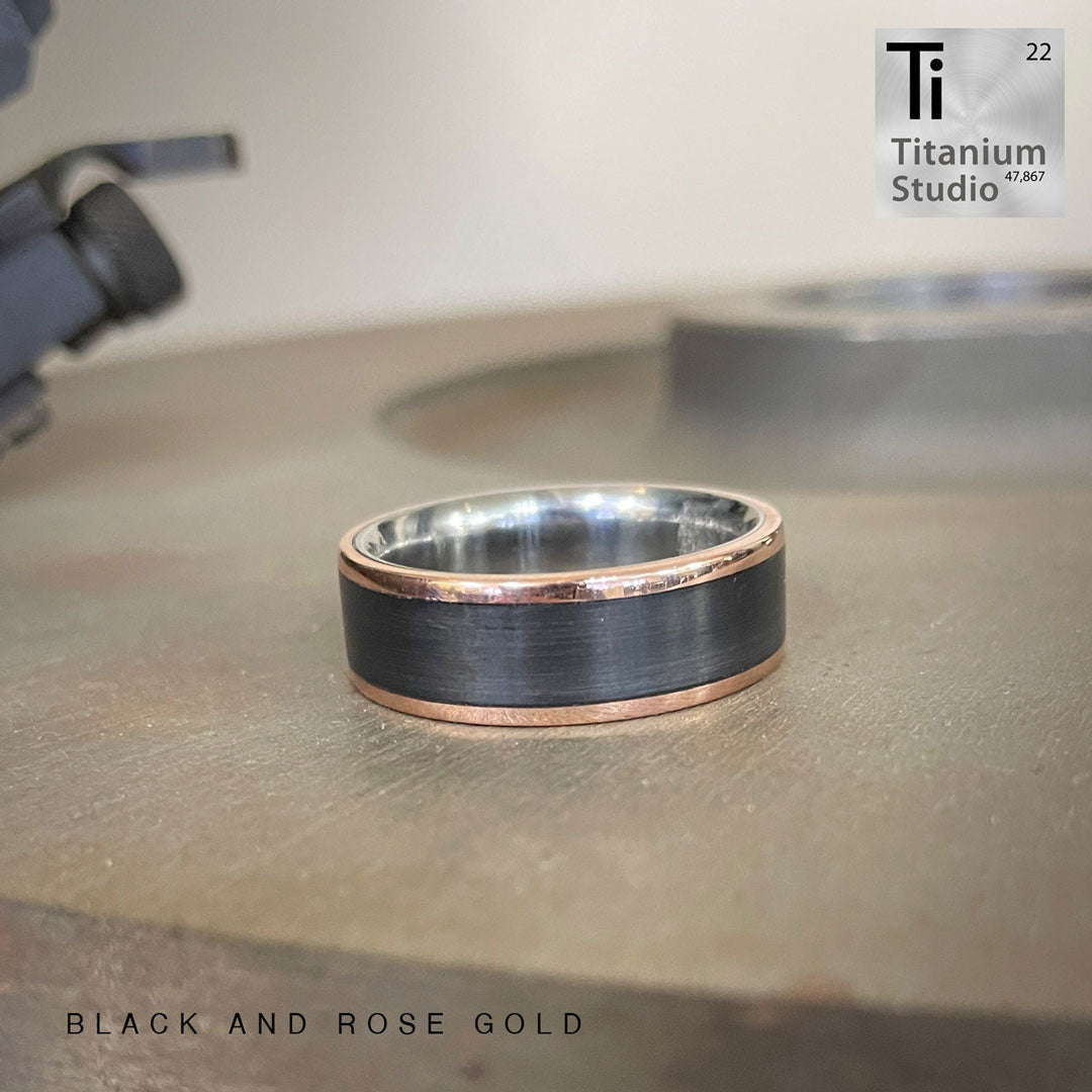 Titanium Ring with Rose Gold Sides and Black Teflon Inlay – Titanium ...